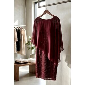 SL Fashions Sequin Lace Cape Dress 18W Fig Burgundy Formal Evening NWT